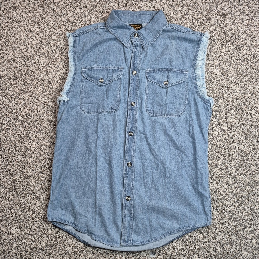 Milwaukee Performance Denim Frayed Cut‎ Off Vest Men's Size Medium Blue Biker